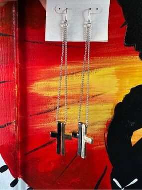 Long Silver Cross Dangle Earrings